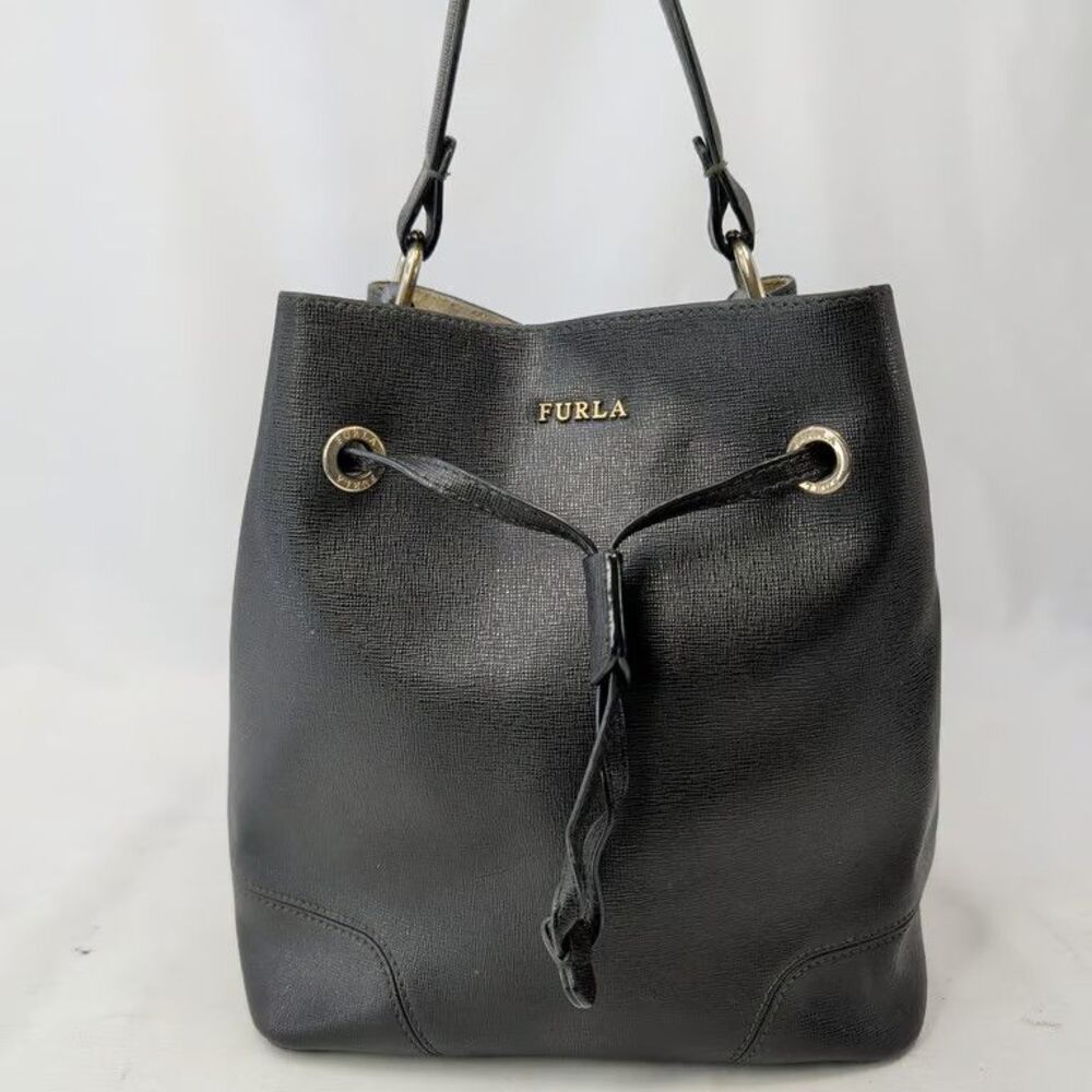 Furla Drawstring Bucket Bag Black Textured Leather Shoulder Handbag Gold Tone